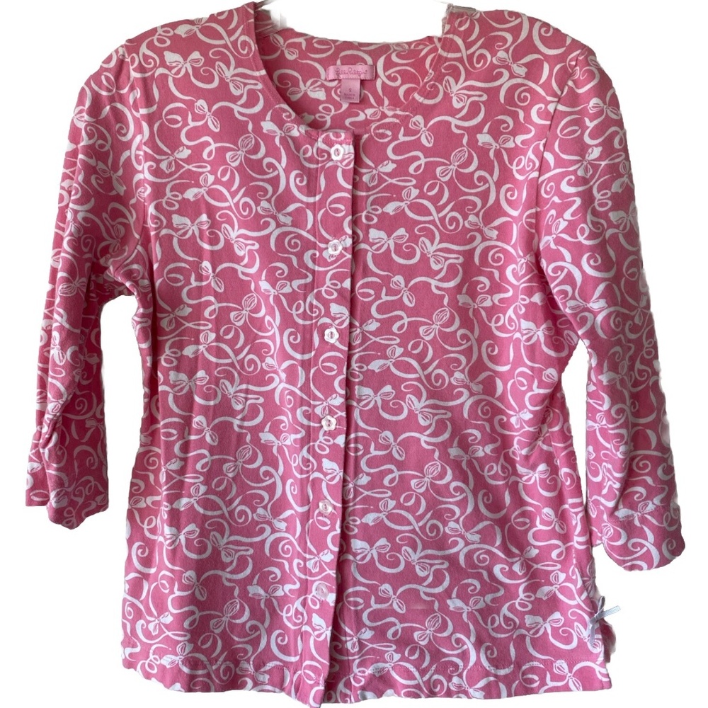 Lilly Pulitzer Pj Top S Pink White Bow Print Button 3/4 Sleeve Cotton